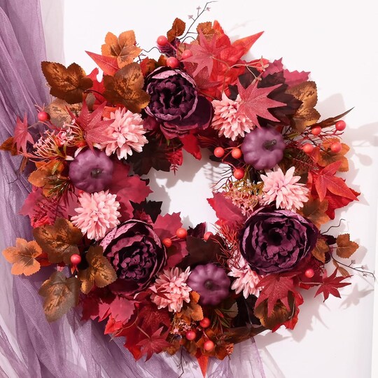Sanchez; Fall decorations Fall Wreaths for Front Doors, 18-Inch Autumn Wreath with Fake Flowers. Pumpkins, Maple Leaves, and Fall Wreaths for Front Door Outdoor Thanksgiving Decor; Category:Floral Hangers; Image:1